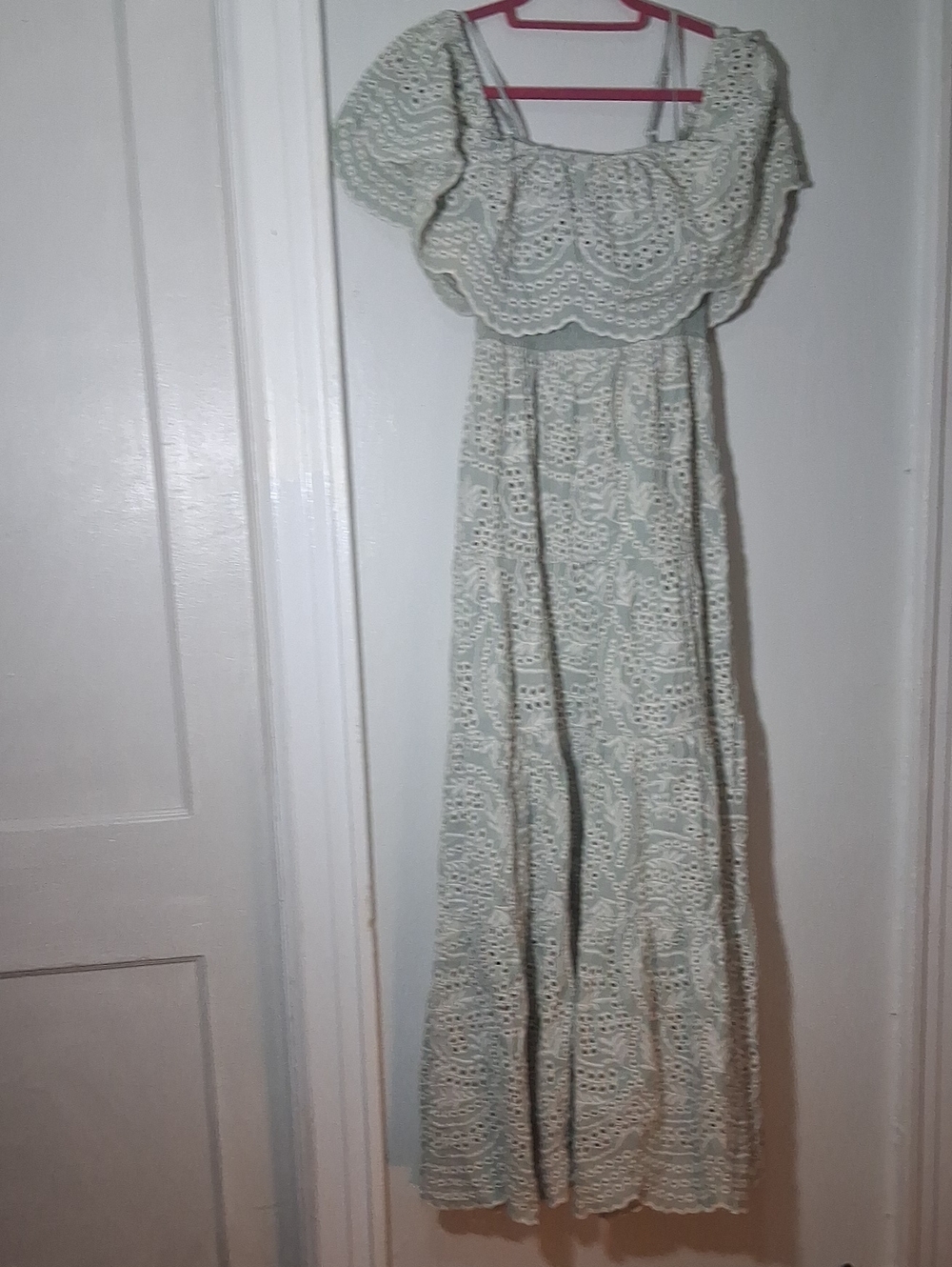 Talula Eyelet Off-Shoulder Maxi Dress in Sage Green